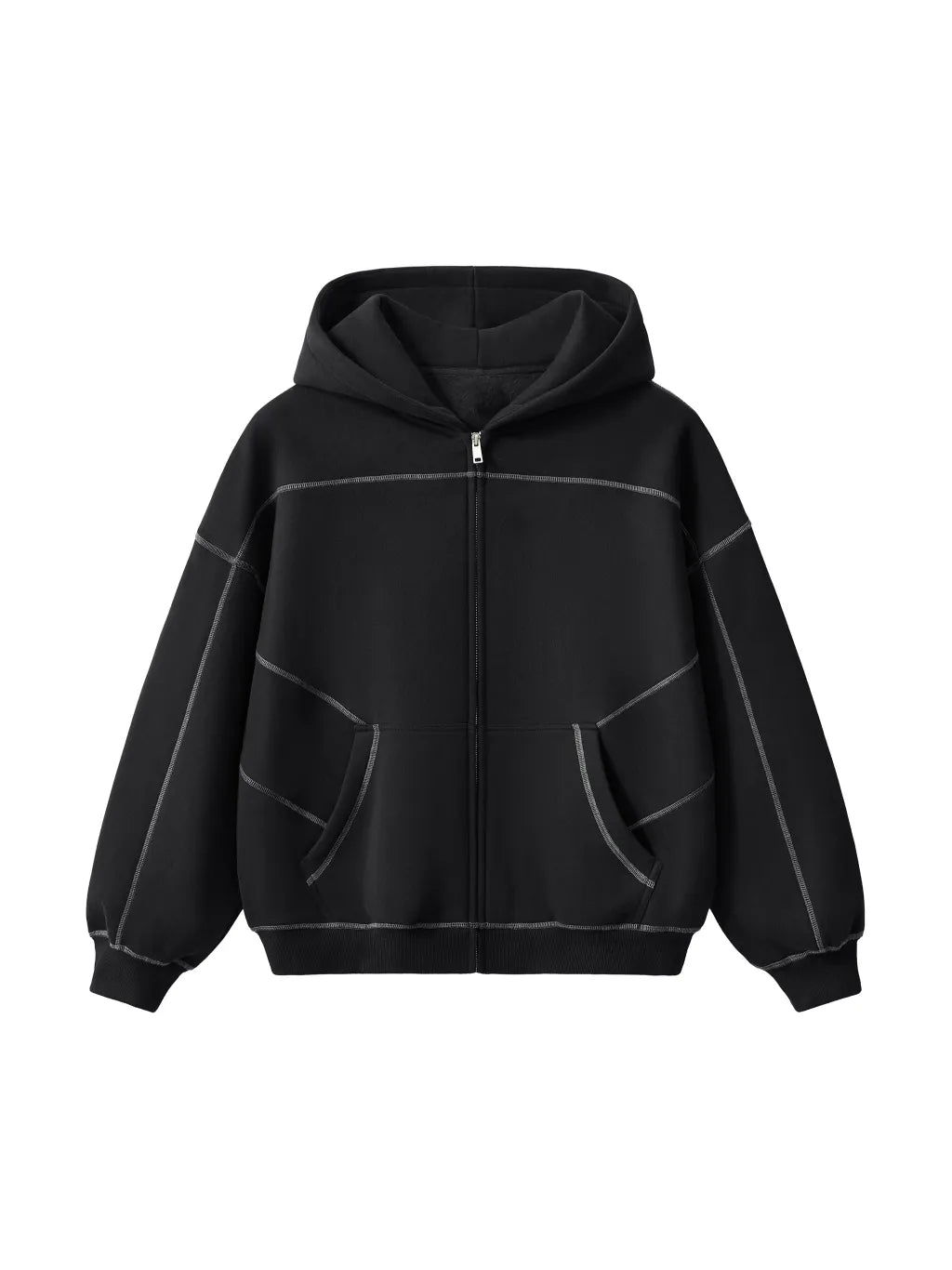 Contrast-Stitched Boxy Fleece Zip Hoodie