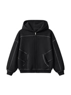 Contrast-Stitched Boxy Fleece Zip Hoodie