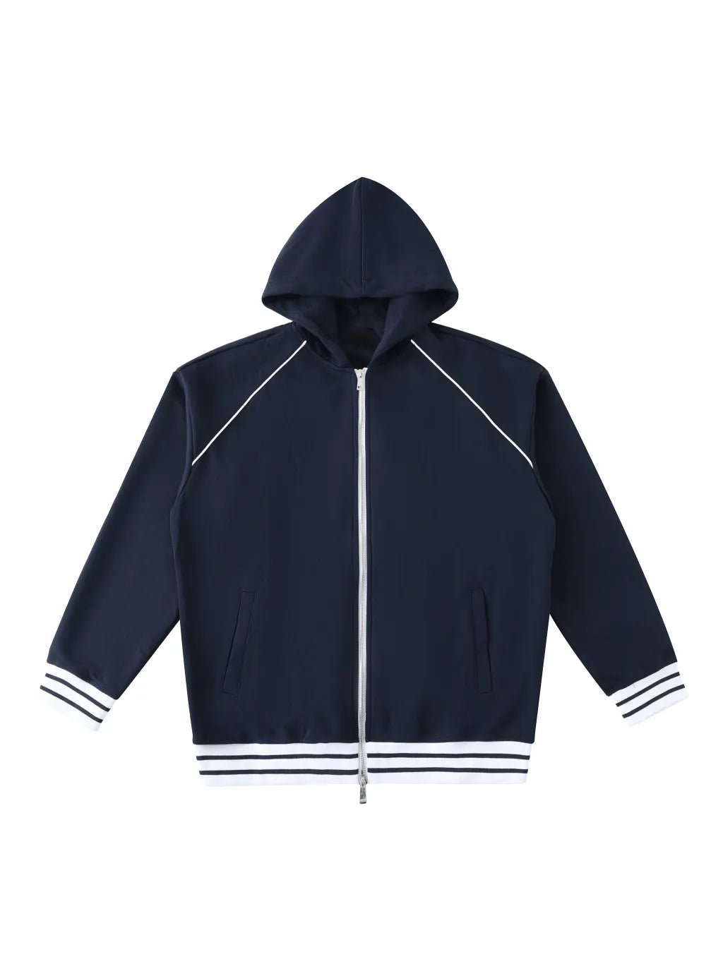 Striped Trim Zip-Up Hoodie (Navy Blue)