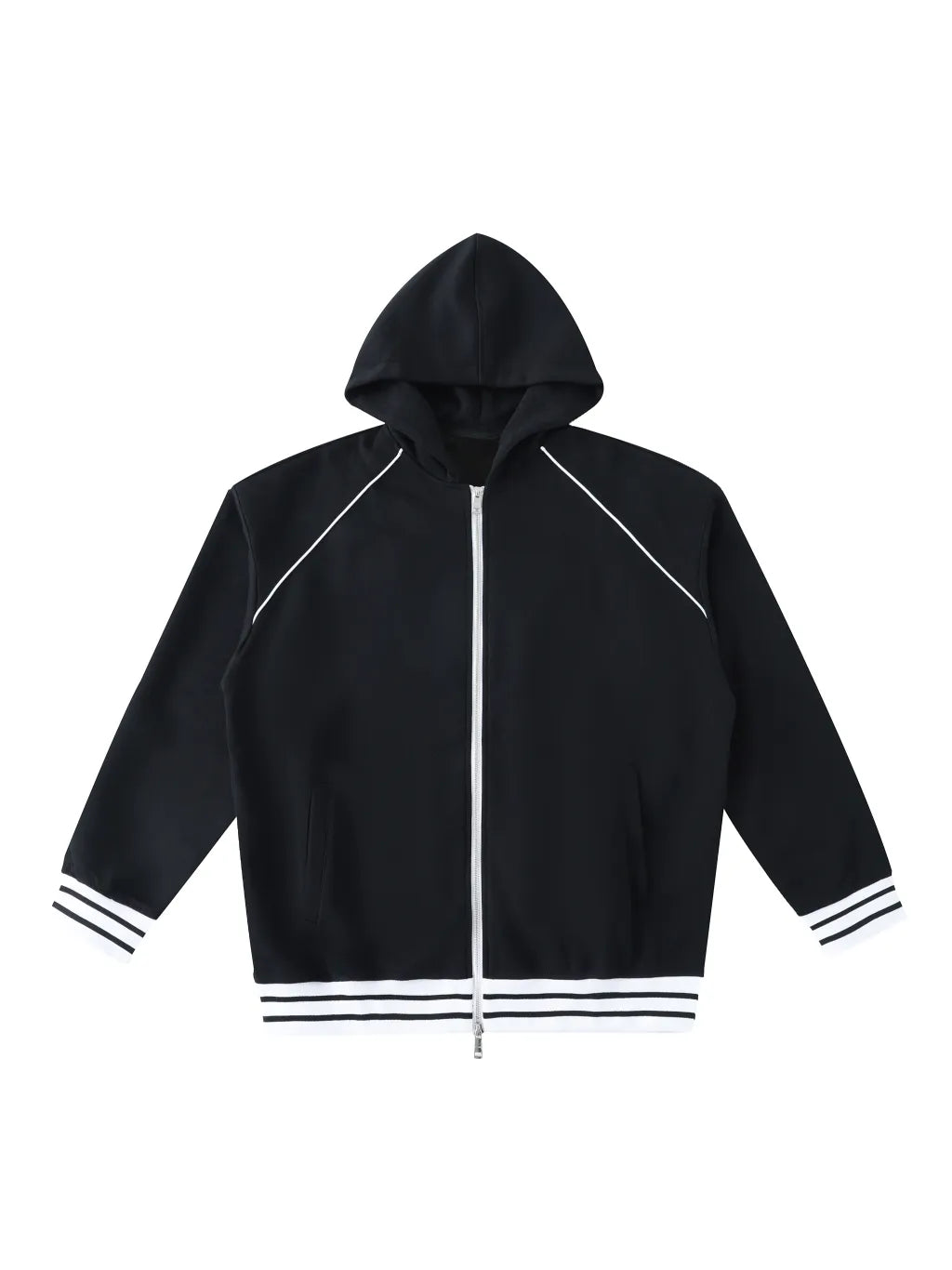 Striped Trim Zip-Up Hoodie (Navy Blue)